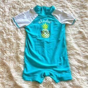 Floatimini Teal Blue Aloha Pineapple One Piece Rashguard Swimsuit 24 months